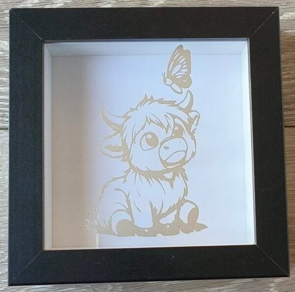 Silver Baby Highland Cow 6x6 Black Shadow Box